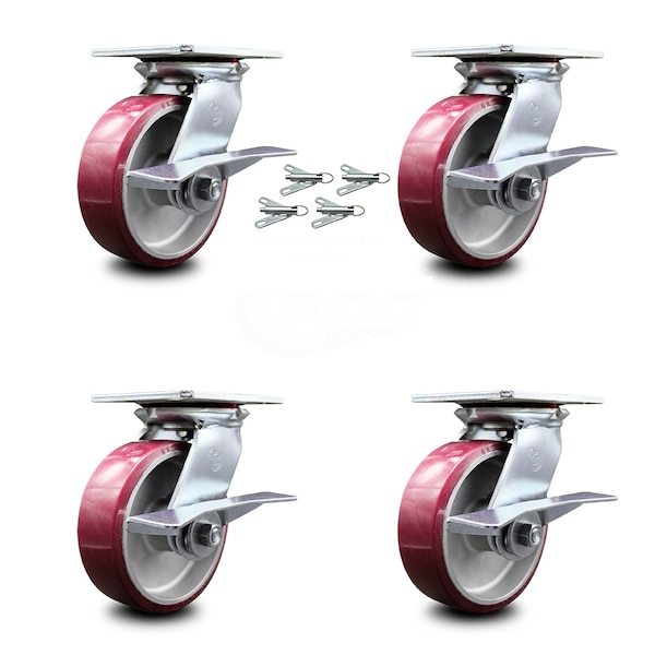 6 Inch Poly on Aluminum Caster Set with Ball Bearings and Brakes/Swivel Locks